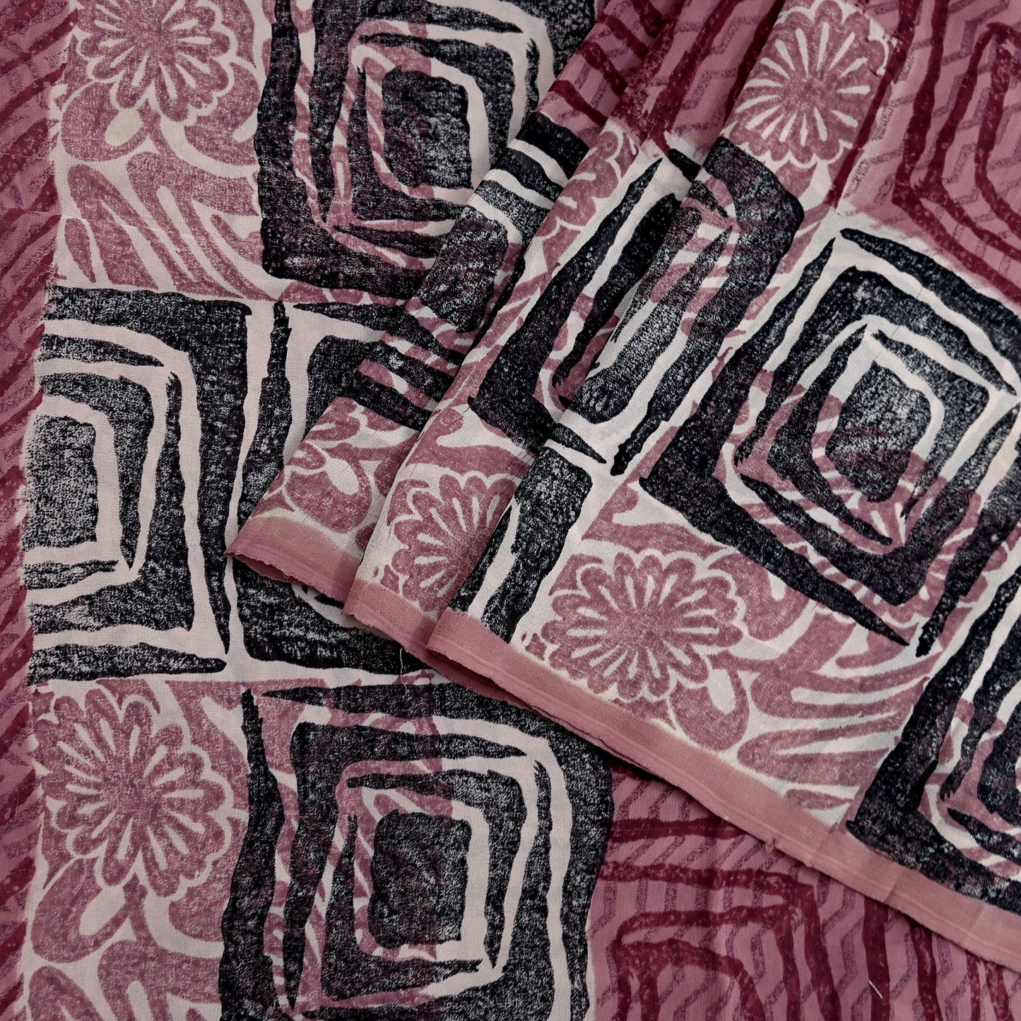 Indian Vintage Sari Brown & Maroon Pure Georgette Silk Printed Saree Craft Fabric Sewing 5Yd Soft Dress Making Crafting Quilting Upcycle