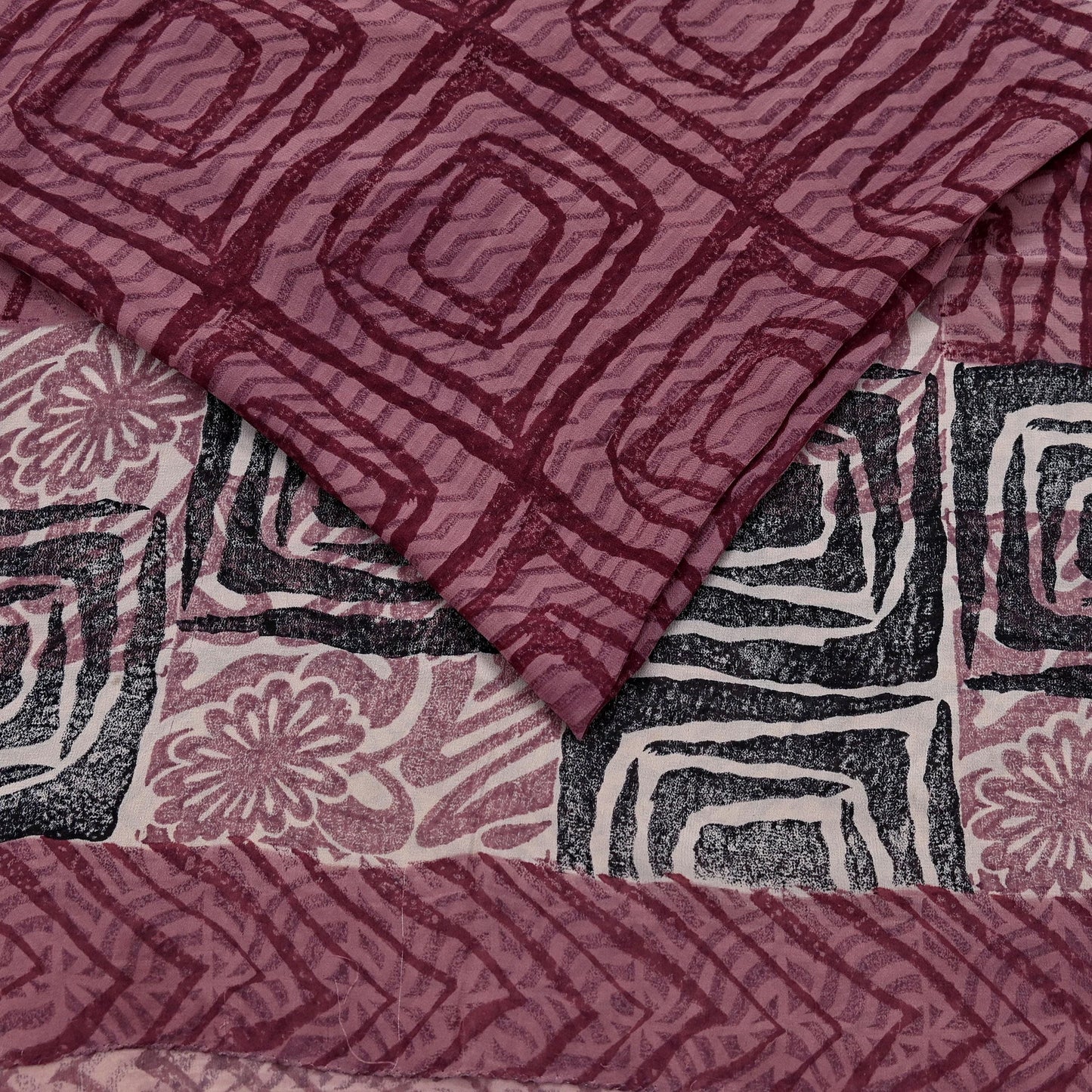 Indian Vintage Sari Brown & Maroon Pure Georgette Silk Printed Saree Craft Fabric Sewing 5Yd Soft Dress Making Crafting Quilting Upcycle