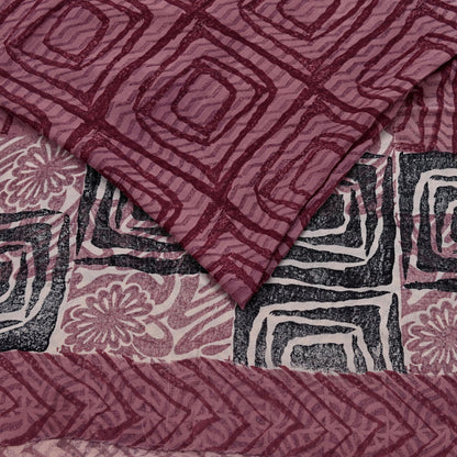 Indian Vintage Sari Brown & Maroon Pure Georgette Silk Printed Saree Craft Fabric Sewing 5Yd Soft Dress Making Crafting Quilting Upcycle