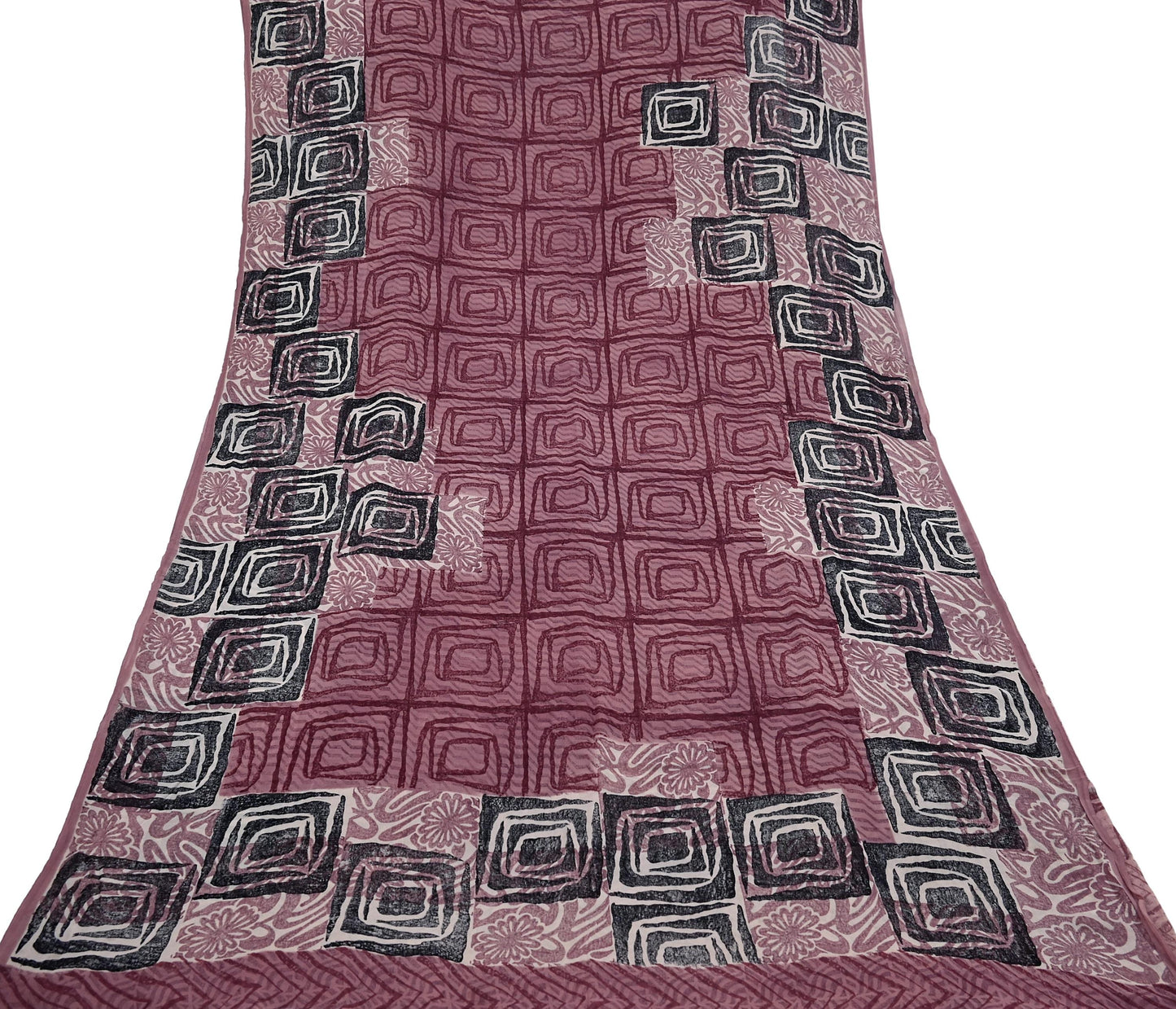 Indian Vintage Sari Brown & Maroon Pure Georgette Silk Printed Saree Craft Fabric Sewing 5Yd Soft Dress Making Crafting Quilting Upcycle