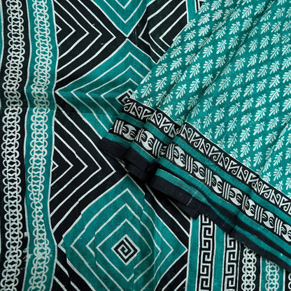 Indian Vintage Sari Green & Black 100% Pure Silk Printed Sarees 5yd Sewing Craft Fabric DressMaking Crafting Quilting Upcycle