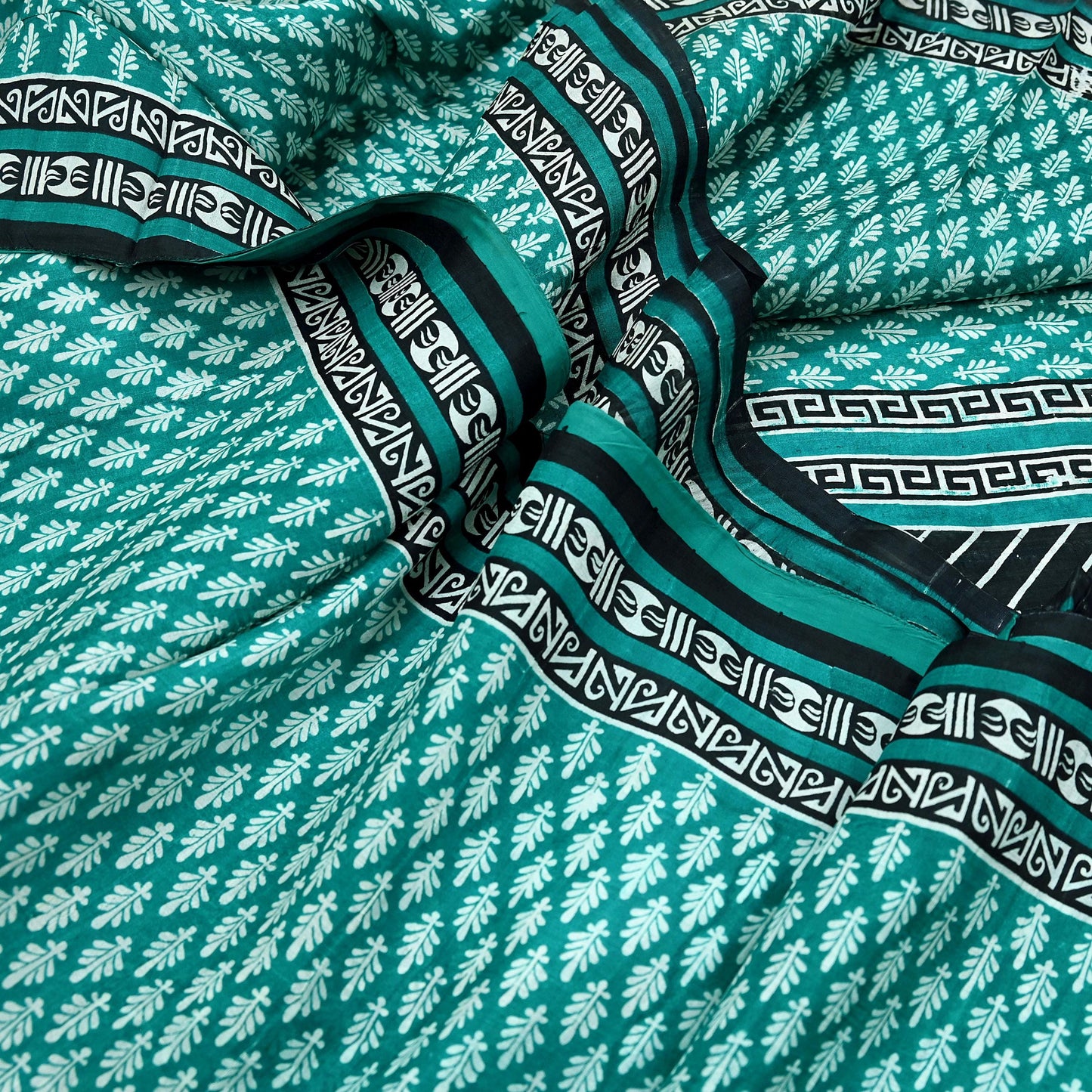 Indian Vintage Sari Green & Black 100% Pure Silk Printed Sarees 5yd Sewing Craft Fabric DressMaking Crafting Quilting Upcycle