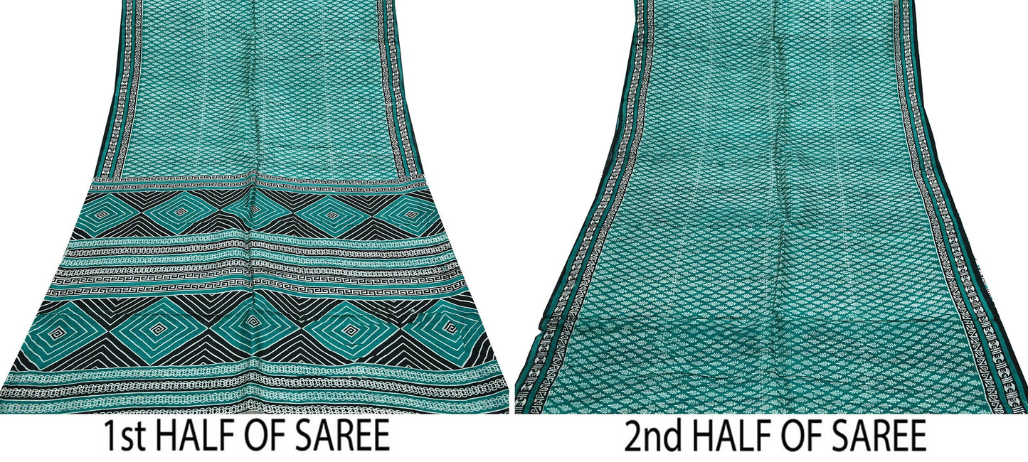 Indian Vintage Sari Green & Black 100% Pure Silk Printed Sarees 5yd Sewing Craft Fabric DressMaking Crafting Quilting Upcycle