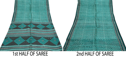Indian Vintage Sari Green & Black 100% Pure Silk Printed Sarees 5yd Sewing Craft Fabric DressMaking Crafting Quilting Upcycle