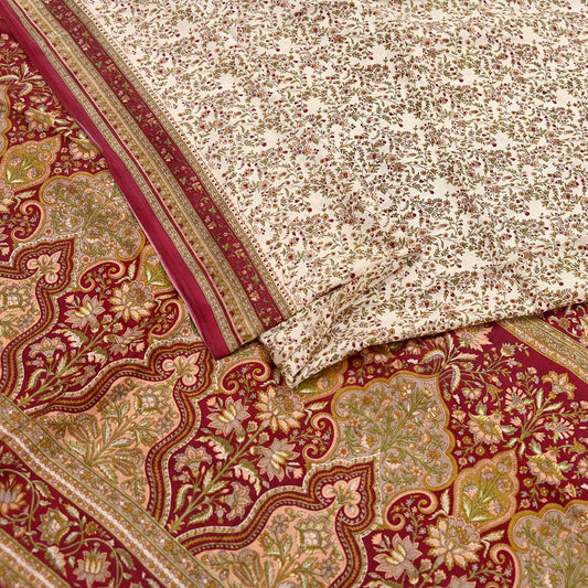 Indian Vintage Beige & Maroon Saree 100% Pure Silk Printed Sari  Craft Fabric 6yd Sewing Floral Soft Dress Designing for Crafting