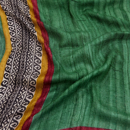 Indian Vintage Green Dupatta Long Stole 100% Pure Khadi Silk Hand Woven/ Printed Scarves Veil Scarf Wrap Hippie Fringes