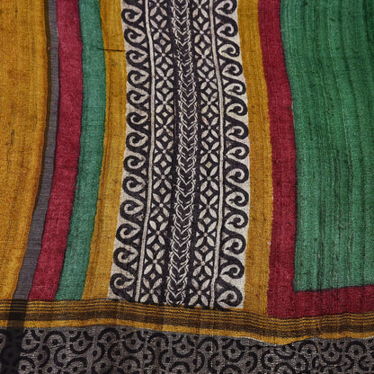 Indian Vintage Green Dupatta Long Stole 100% Pure Khadi Silk Hand Woven/ Printed Scarves Veil Scarf Wrap Hippie Fringes