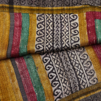 Indian Vintage Green Dupatta Long Stole 100% Pure Khadi Silk Hand Woven/ Printed Scarves Veil Scarf Wrap Hippie Fringes