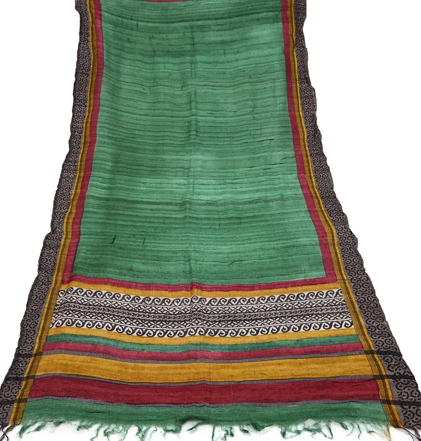 Indian Vintage Green Dupatta Long Stole 100% Pure Khadi Silk Hand Woven/ Printed Scarves Veil Scarf Wrap Hippie Fringes