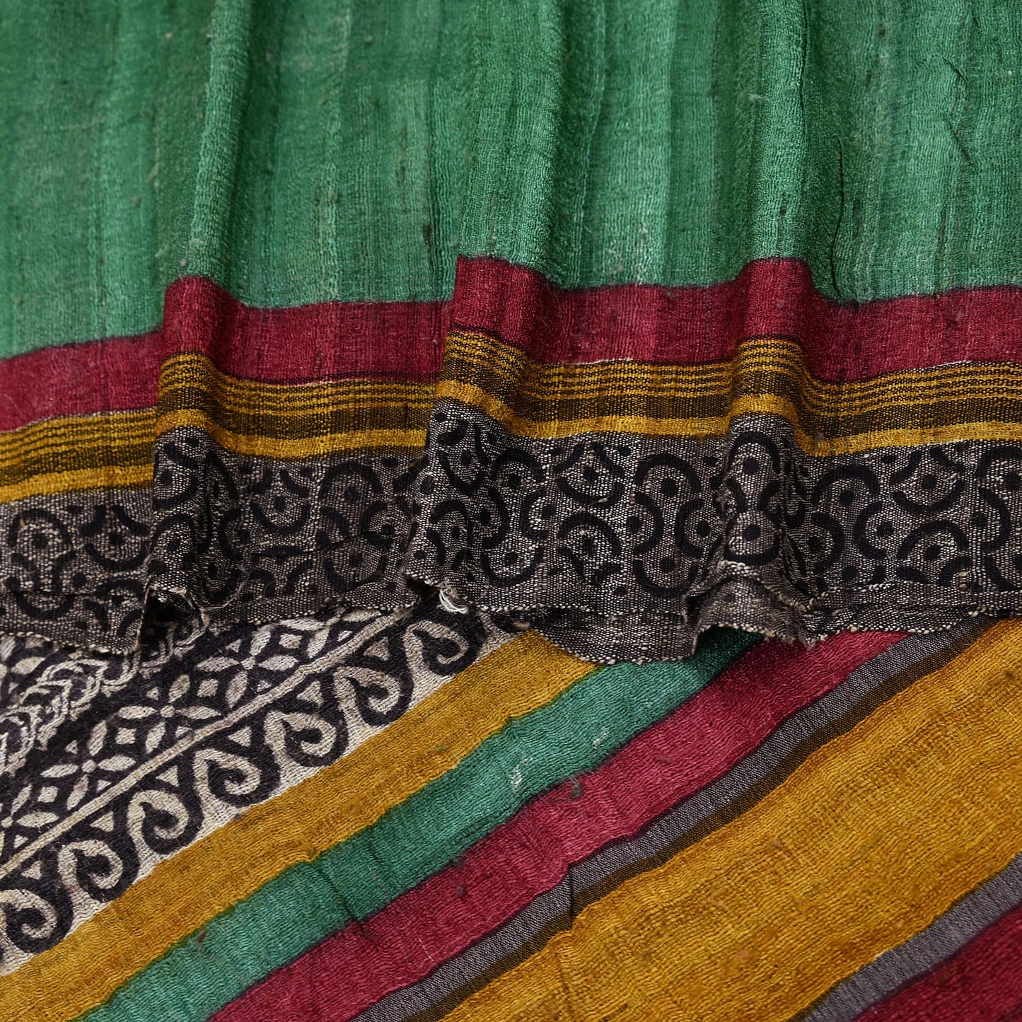 Indian Vintage Green Dupatta Long Stole 100% Pure Khadi Silk Hand Woven/ Printed Scarves Veil Scarf Wrap Hippie Fringes