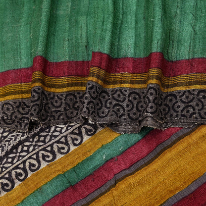 Indian Vintage Green Dupatta Long Stole 100% Pure Khadi Silk Hand Woven/ Printed Scarves Veil Scarf Wrap Hippie Fringes