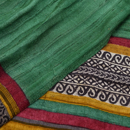 Indian Vintage Green Dupatta Long Stole 100% Pure Khadi Silk Hand Woven/ Printed Scarves Veil Scarf Wrap Hippie Fringes