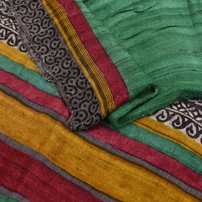 Indian Vintage Green Dupatta Long Stole 100% Pure Khadi Silk Hand Woven/ Printed Scarves Veil Scarf Wrap Hippie Fringes