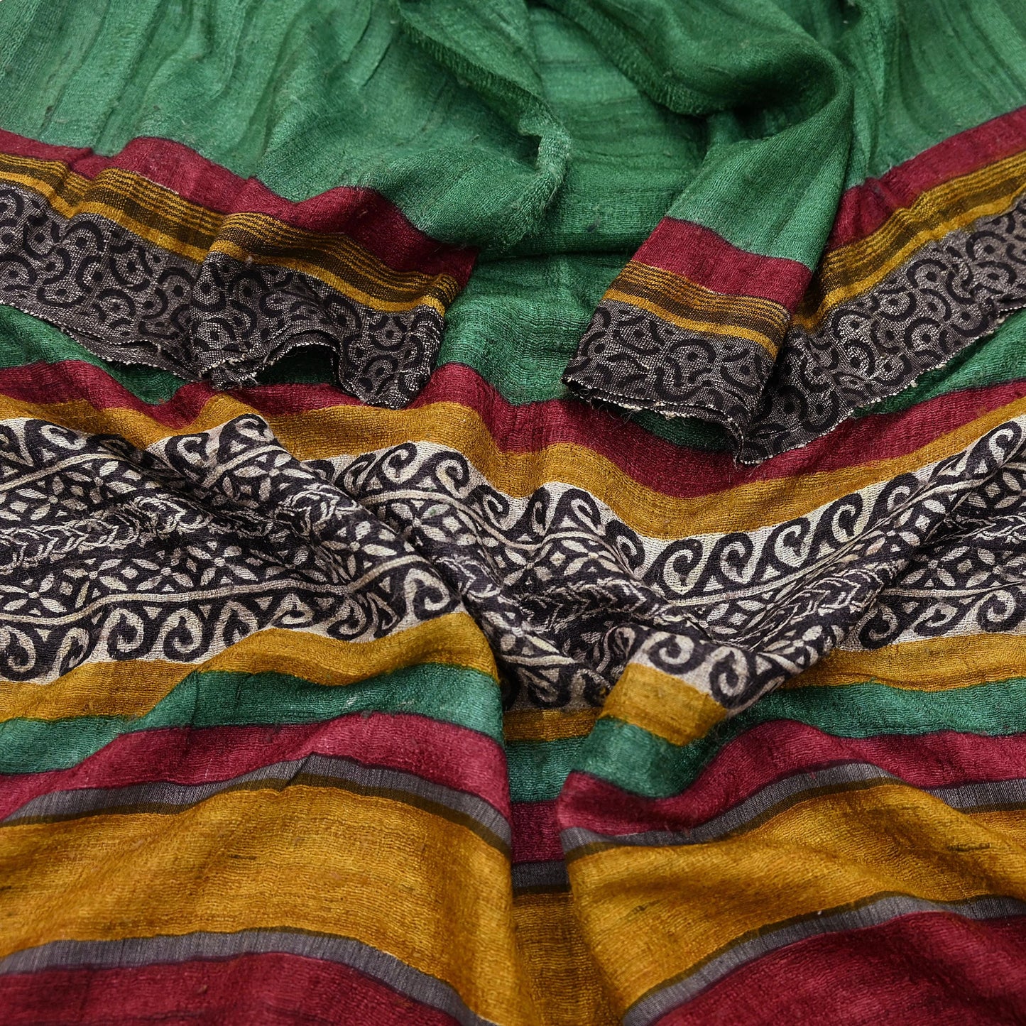 Indian Vintage Green Dupatta Long Stole 100% Pure Khadi Silk Hand Woven/ Printed Scarves Veil Scarf Wrap Hippie Fringes