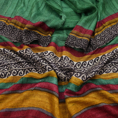 Indian Vintage Green Dupatta Long Stole 100% Pure Khadi Silk Hand Woven/ Printed Scarves Veil Scarf Wrap Hippie Fringes