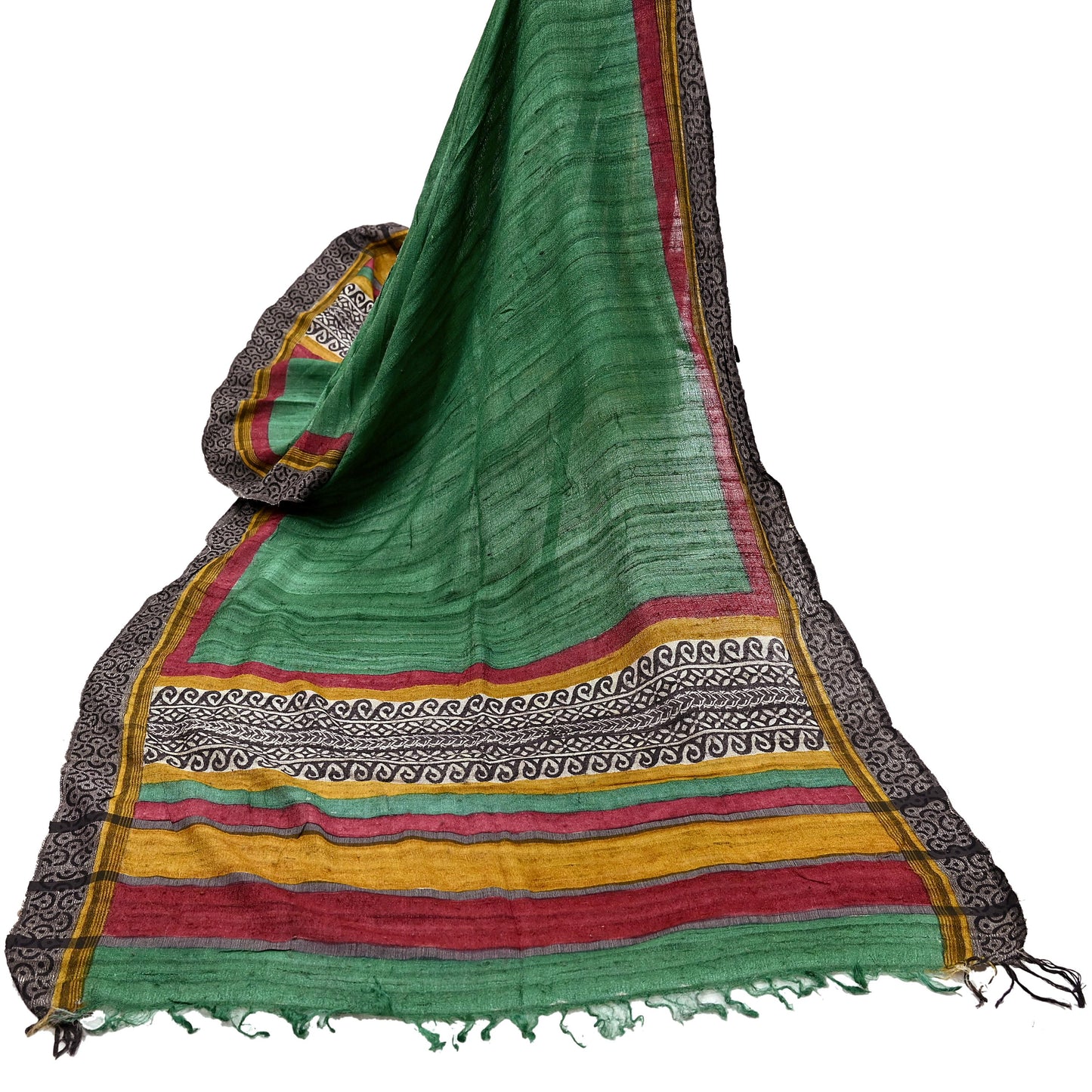 Indian Vintage Green Dupatta Long Stole 100% Pure Khadi Silk Hand Woven/ Printed Scarves Veil Scarf Wrap Hippie Fringes
