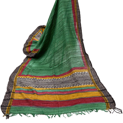 Indian Vintage Green Dupatta Long Stole 100% Pure Khadi Silk Hand Woven/ Printed Scarves Veil Scarf Wrap Hippie Fringes