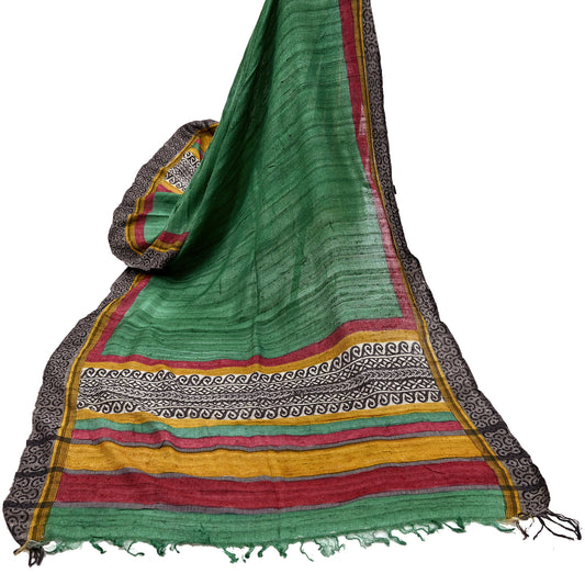 Indian Vintage Green Dupatta Long Stole 100% Pure Khadi Silk Hand Woven/ Printed Scarves Veil Scarf Wrap Hippie Fringes