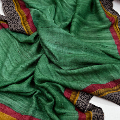 Indian Vintage Green Dupatta Long Stole 100% Pure Khadi Silk Hand Woven/ Printed Scarves Veil Scarf Wrap Hippie Fringes