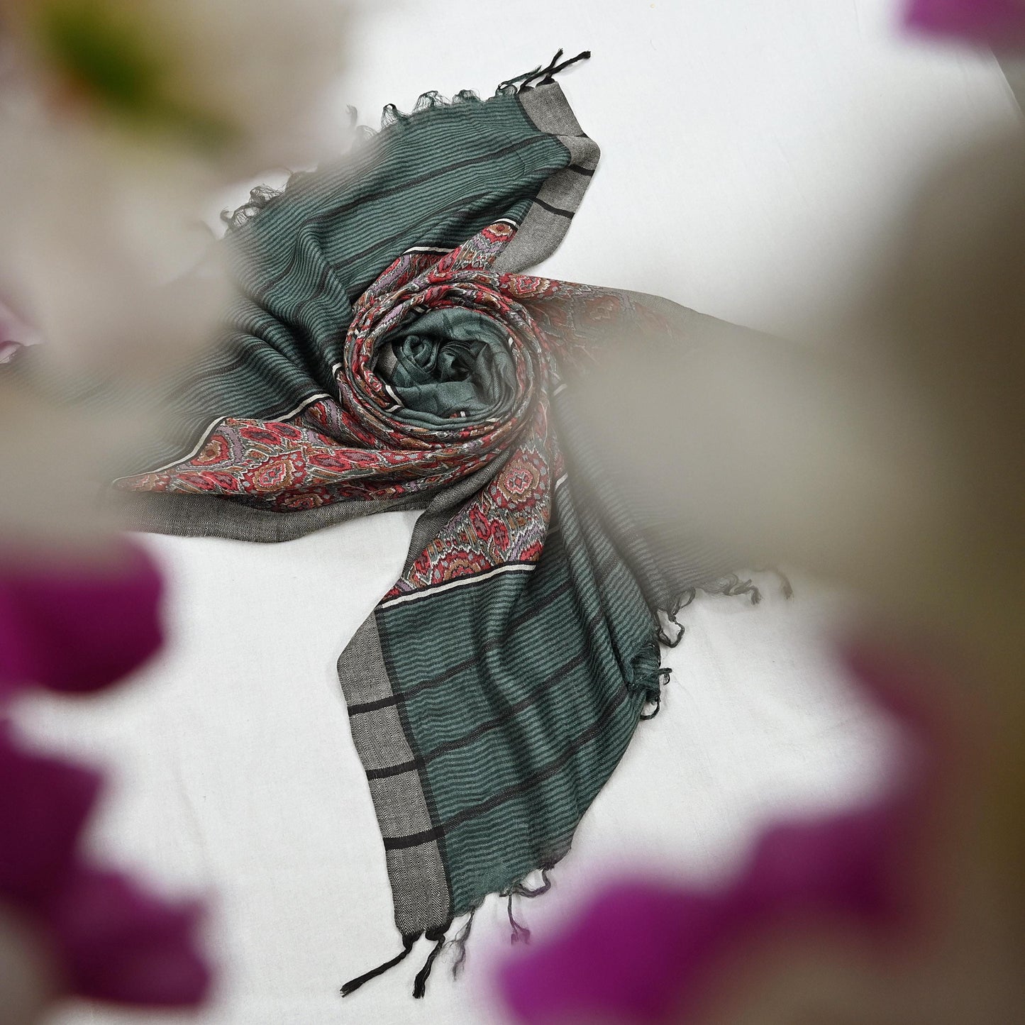 Vintage Green Long Stole Pure Woolen Scarf Printed Dupatta Infinity Scarves Sarong Wrap Veil Woman Hijab Shawl Craft Fabric