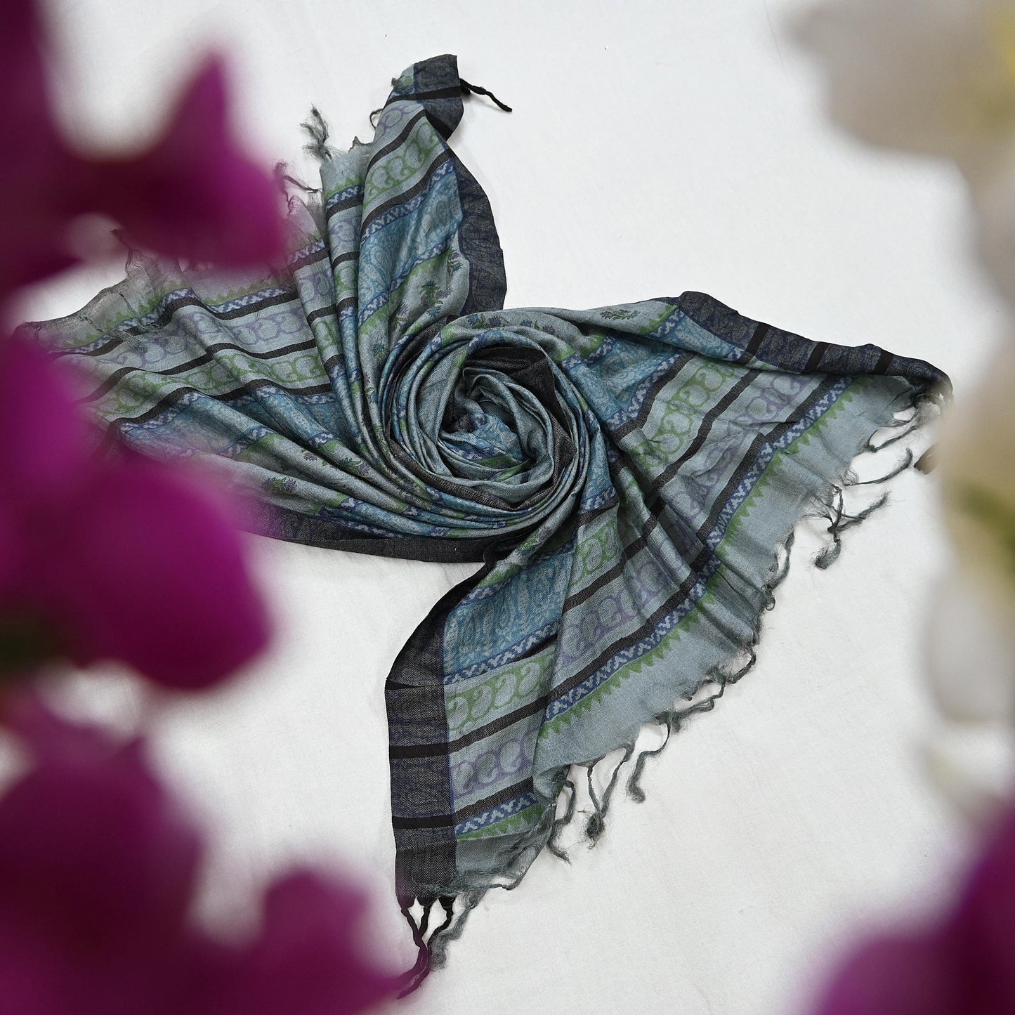 Indian Vintage Gray Long Stole Pure Woolen Scarf Dupatta Infinity Scarves Printed Sarong Wrap Craft Fabric Veil Hijab Shawl