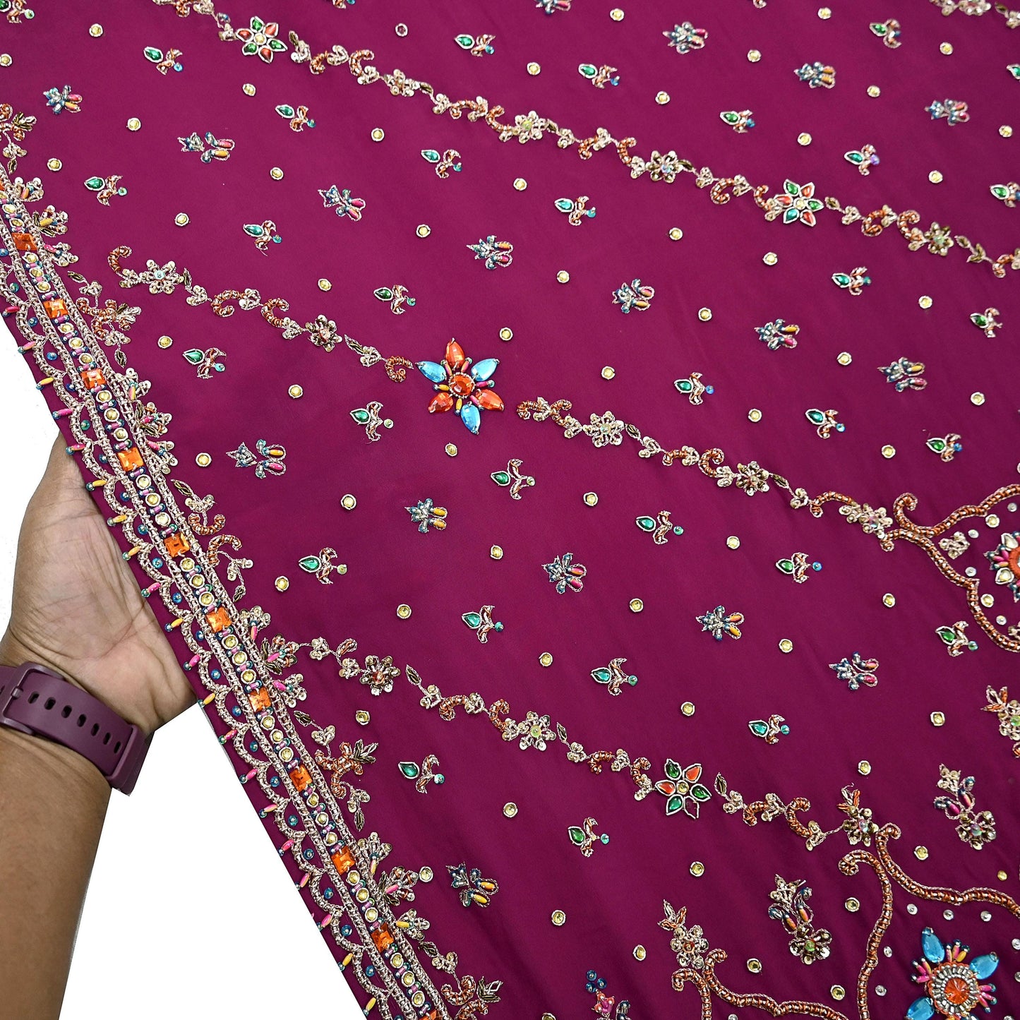 Indian Vintage Heavy Maroon Dupatta Pure Crepe Silk Long Stole Hand Embroidered Scarves Dabka Zardozi Zari Scarves Wedding/ Bridal Veil