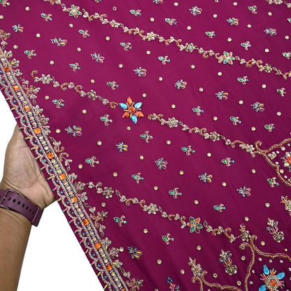 Indian Vintage Heavy Maroon Dupatta Pure Crepe Silk Long Stole Hand Embroidered Scarves Dabka Zardozi Zari Scarves Wedding/ Bridal Veil