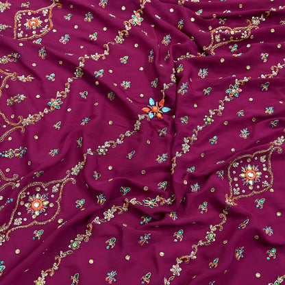 Indian Vintage Heavy Maroon Dupatta Pure Crepe Silk Long Stole Hand Embroidered Scarves Dabka Zardozi Zari Scarves Wedding/ Bridal Veil