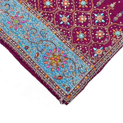 Indian Vintage Heavy Maroon Dupatta Pure Crepe Silk Long Stole Hand Embroidered Scarves Dabka Zardozi Zari Scarves Wedding/ Bridal Veil