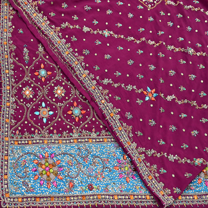 Indian Vintage Heavy Maroon Dupatta Pure Crepe Silk Long Stole Hand Embroidered Scarves Dabka Zardozi Zari Scarves Wedding/ Bridal Veil