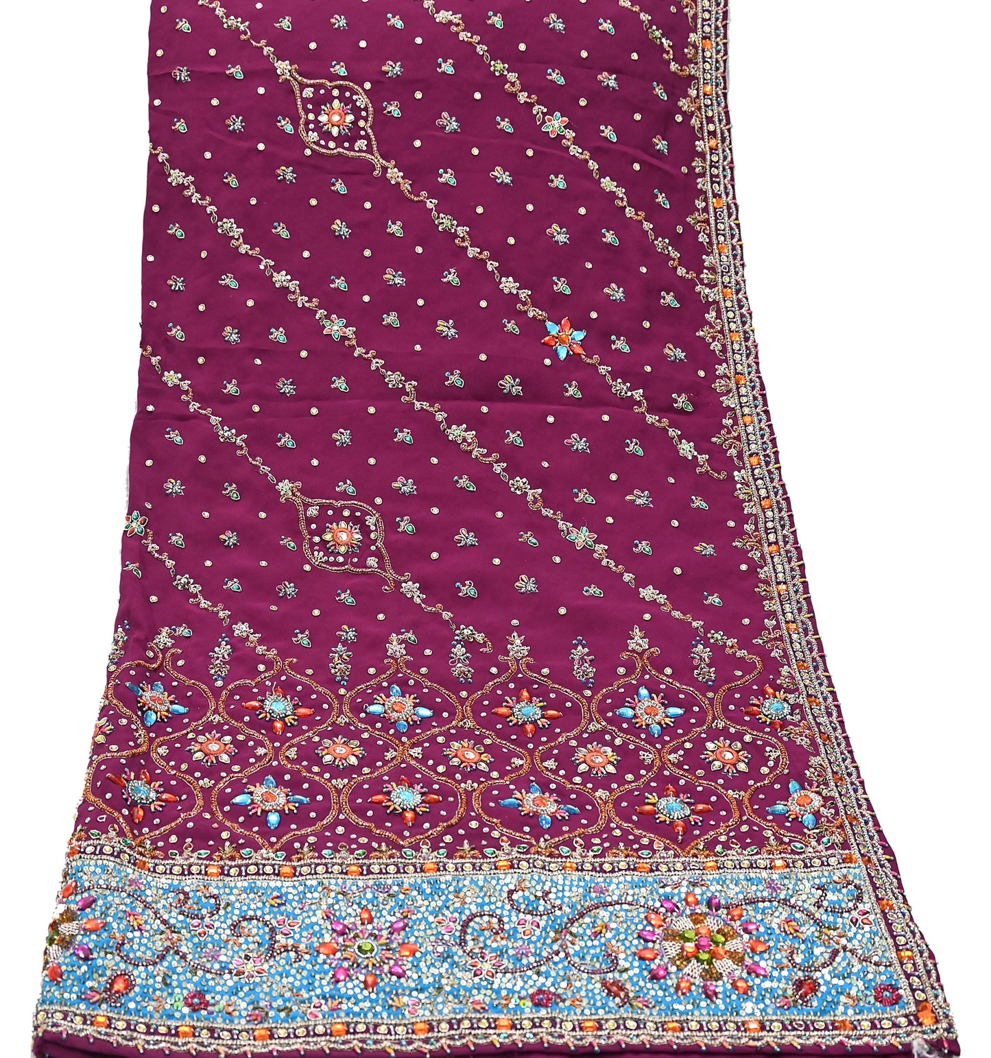 Indian Vintage Heavy Maroon Dupatta Pure Crepe Silk Long Stole Hand Embroidered Scarves Dabka Zardozi Zari Scarves Wedding/ Bridal Veil