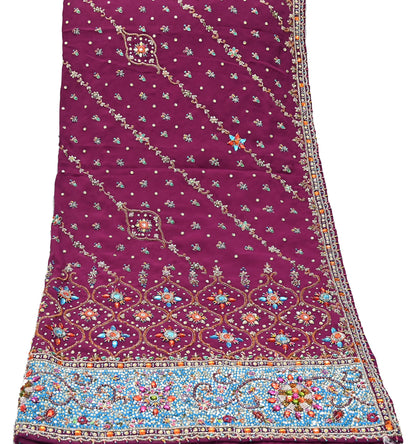 Indian Vintage Heavy Maroon Dupatta Pure Crepe Silk Long Stole Hand Embroidered Scarves Dabka Zardozi Zari Scarves Wedding/ Bridal Veil