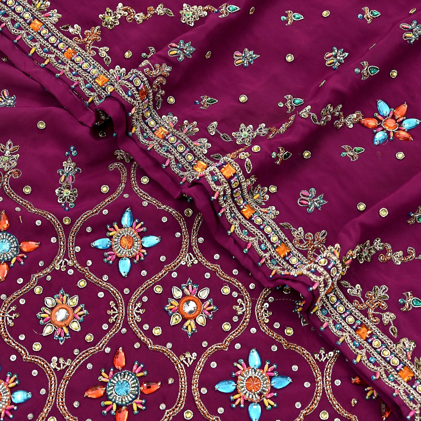 Indian Vintage Heavy Maroon Dupatta Pure Crepe Silk Long Stole Hand Embroidered Scarves Dabka Zardozi Zari Scarves Wedding/ Bridal Veil