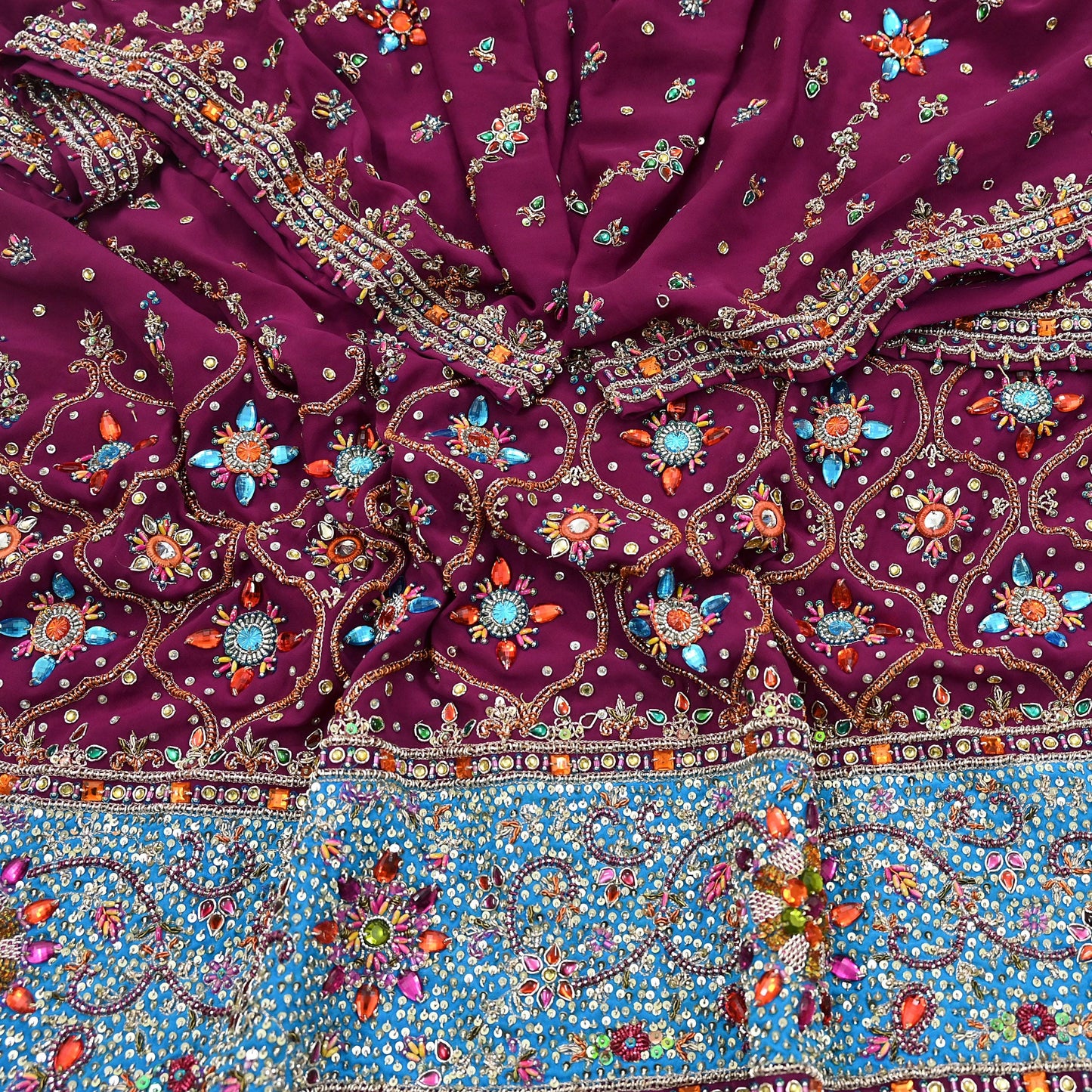 Indian Vintage Heavy Maroon Dupatta Pure Crepe Silk Long Stole Hand Embroidered Scarves Dabka Zardozi Zari Scarves Wedding/ Bridal Veil