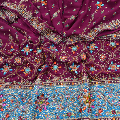 Indian Vintage Heavy Maroon Dupatta Pure Crepe Silk Long Stole Hand Embroidered Scarves Dabka Zardozi Zari Scarves Wedding/ Bridal Veil