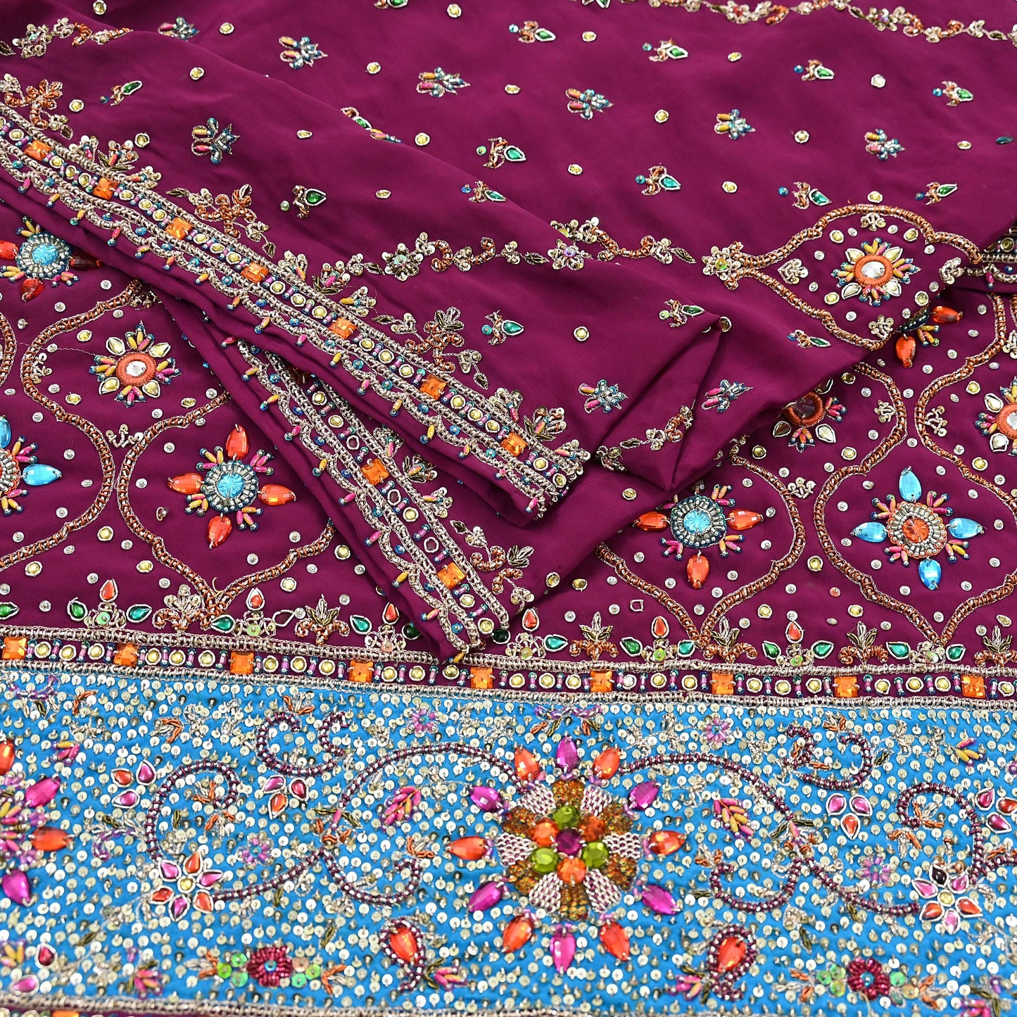 Indian Vintage Heavy Maroon Dupatta Pure Crepe Silk Long Stole Hand Embroidered Scarves Dabka Zardozi Zari Scarves Wedding/ Bridal Veil