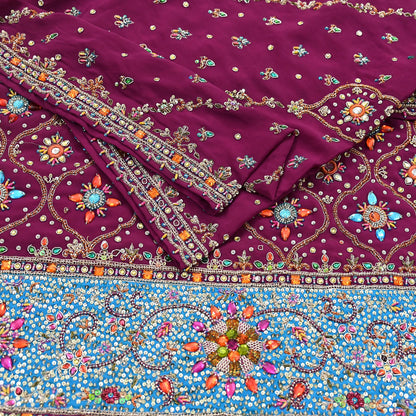 Indian Vintage Heavy Maroon Dupatta Pure Crepe Silk Long Stole Hand Embroidered Scarves Dabka Zardozi Zari Scarves Wedding/ Bridal Veil