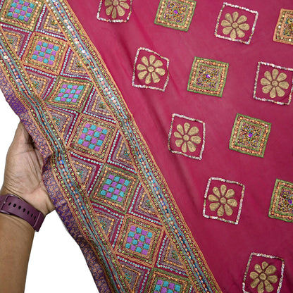 Indian Vintage Heavy Bridal Dupatta Pink Pure Georgette Silk Long Stole Hand Embroidered Scarf Zardozi/Dabka Zari Wedding/Party Dupatta