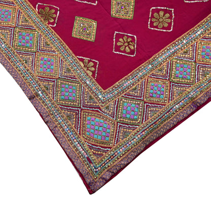 Indian Vintage Heavy Bridal Dupatta Pink Pure Georgette Silk Long Stole Hand Embroidered Scarf Zardozi/Dabka Zari Wedding/Party Dupatta