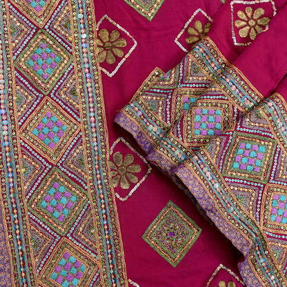 Indian Vintage Heavy Bridal Dupatta Pink Pure Georgette Silk Long Stole Hand Embroidered Scarf Zardozi/Dabka Zari Wedding/Party Dupatta