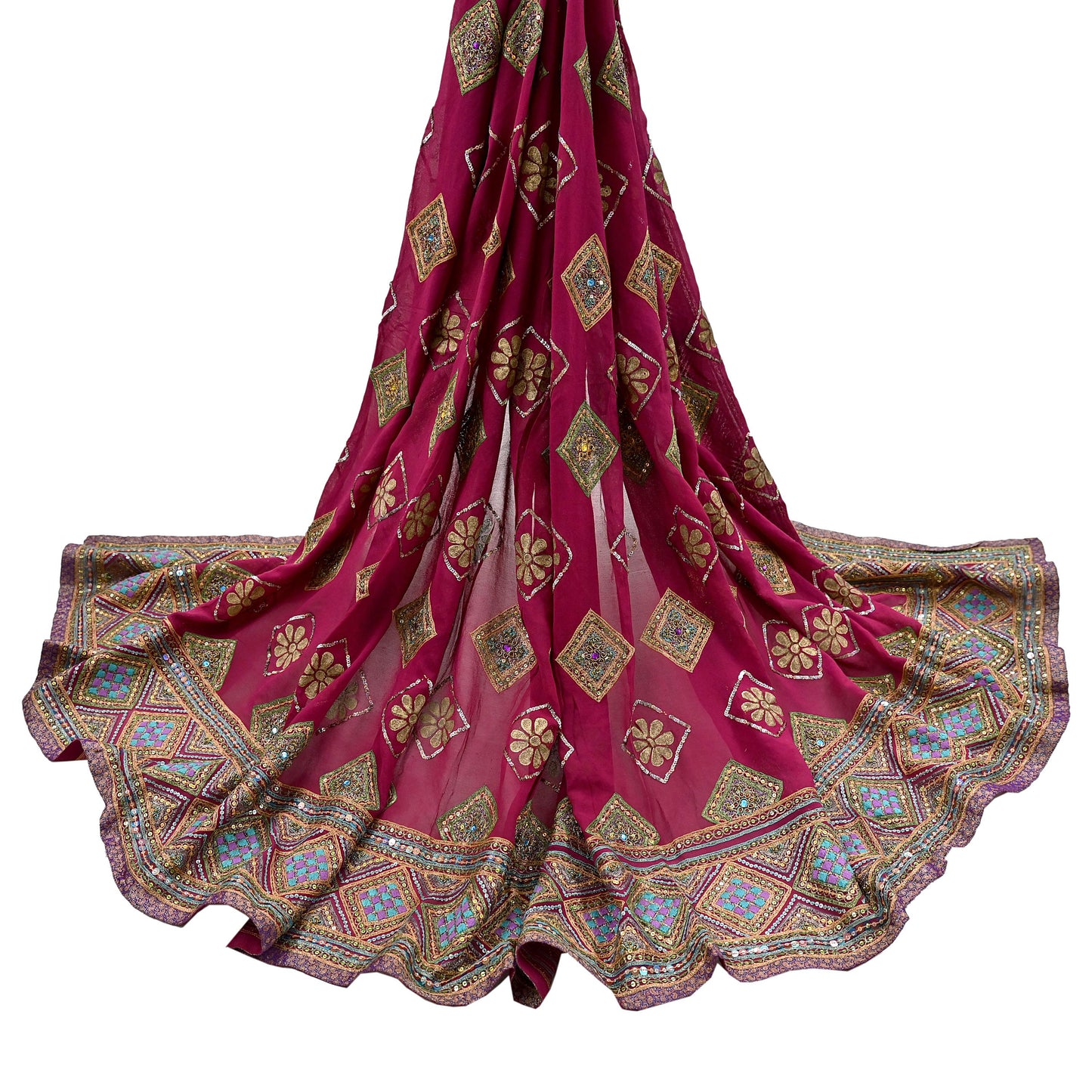 Indian Vintage Heavy Bridal Dupatta Pink Pure Georgette Silk Long Stole Hand Embroidered Scarf Zardozi/Dabka Zari Wedding/Party Dupatta