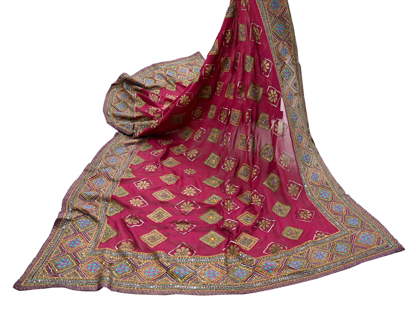 Indian Vintage Heavy Bridal Dupatta Pink Pure Georgette Silk Long Stole Hand Embroidered Scarf Zardozi/Dabka Zari Wedding/Party Dupatta