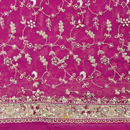 Indian Vintage Heavy Rani Pink Bridal Dupatta Pure Georgette Silk Hand Embroidered Zardozi, Dabka, Zari Work Party Wear Long Stole