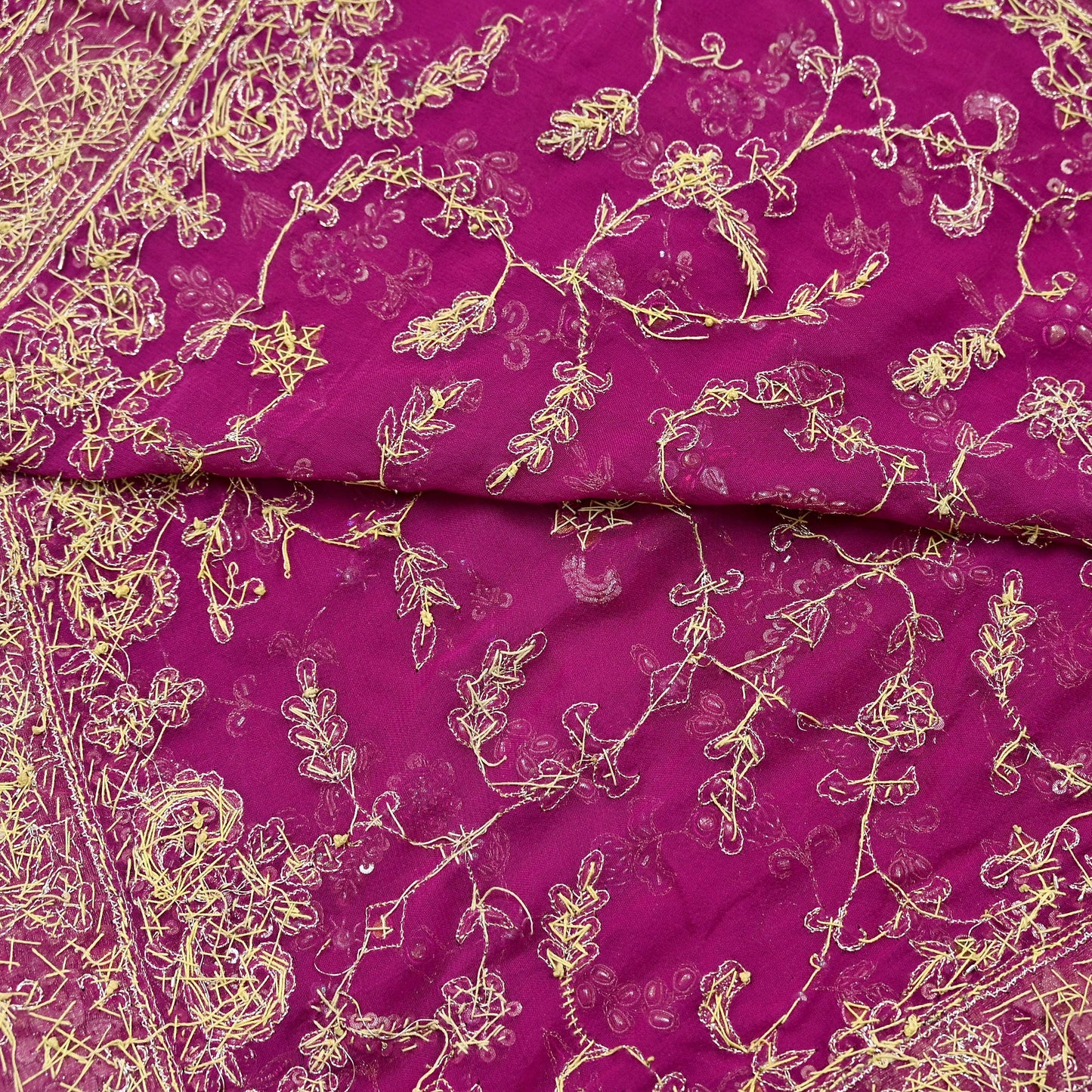 Indian Vintage Heavy Rani Pink Bridal Dupatta Pure Georgette Silk Hand Embroidered Zardozi, Dabka, Zari Work Party Wear Long Stole