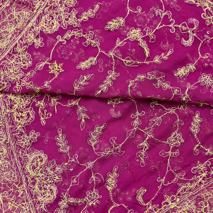 Indian Vintage Heavy Rani Pink Bridal Dupatta Pure Georgette Silk Hand Embroidered Zardozi, Dabka, Zari Work Party Wear Long Stole