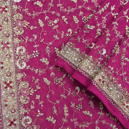 Indian Vintage Heavy Rani Pink Bridal Dupatta Pure Georgette Silk Hand Embroidered Zardozi, Dabka, Zari Work Party Wear Long Stole