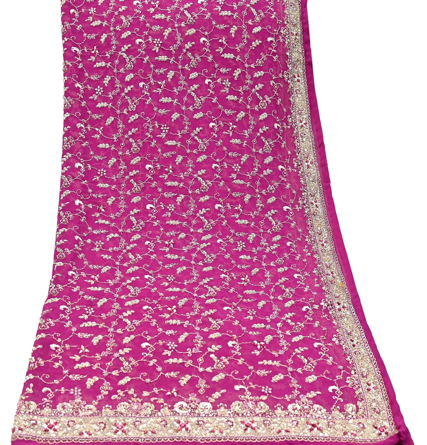 Indian Vintage Heavy Rani Pink Bridal Dupatta Pure Georgette Silk Hand Embroidered Zardozi, Dabka, Zari Work Party Wear Long Stole