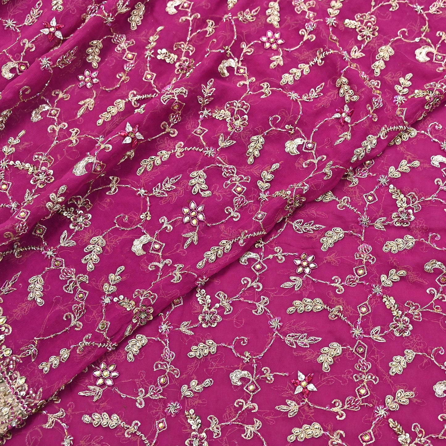 Indian Vintage Heavy Rani Pink Bridal Dupatta Pure Georgette Silk Hand Embroidered Zardozi, Dabka, Zari Work Party Wear Long Stole