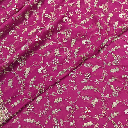 Indian Vintage Heavy Rani Pink Bridal Dupatta Pure Georgette Silk Hand Embroidered Zardozi, Dabka, Zari Work Party Wear Long Stole