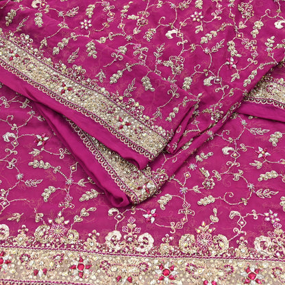 Indian Vintage Heavy Rani Pink Bridal Dupatta Pure Georgette Silk Hand Embroidered Zardozi, Dabka, Zari Work Party Wear Long Stole